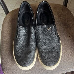 Michael Kors Black Slip-On Leather Loafers with Silver MK Accent